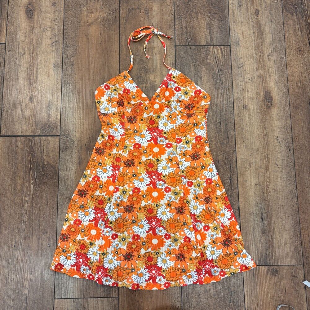 CIDER NWT Orange Floral Halter Mini Dress Women's L Retro Y2K Summer Cottagecore - Picture 2 of 6